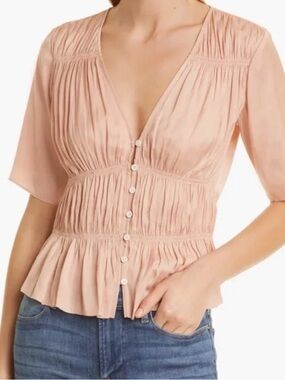 FRAME Blush Pink Ruched Peplum Blouse Button Front Puff Sleeve Top XL
